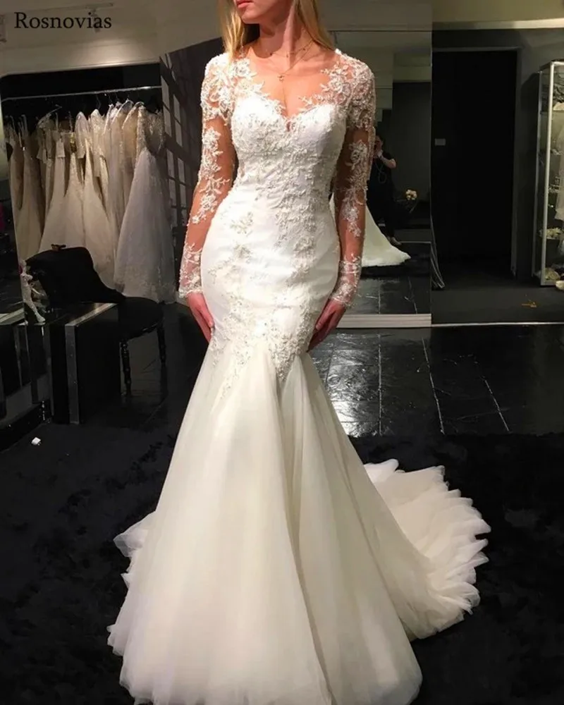 

Elegant Long Sleeves Mermaid Wedding Dresses 2019 V Neck Covered Button Back Sweep Train Appliques Modest Lace Bridal Gowns
