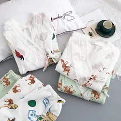 Japanese Kimono Autumn and Winter Ladies Pure Cotton Sweet Pregnant Women Plus Size Cross Nursing Home Service Maternity Pajamas