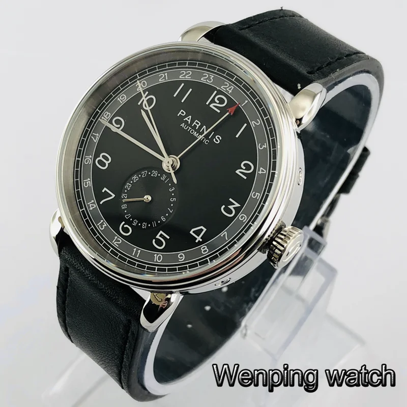 Parnis 42 мм GMT Серебряный чехол с черным циферблатом арабский знак Дата Окно кожаный ремешок мужские Топ Досуг автоматические механические часы - Цвет: style B