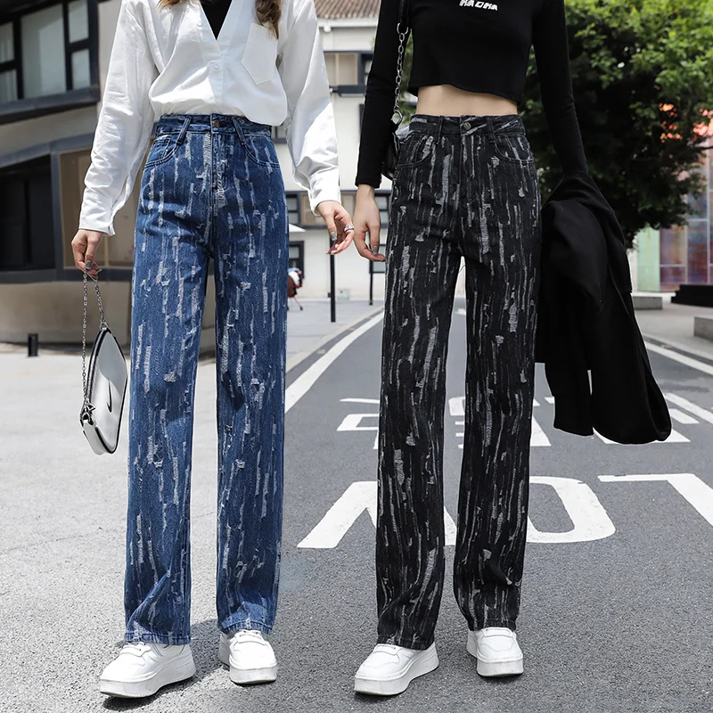 

Women Vintage Frayed Jeans 2022 High Waist Y2K Denim Wide Leg Pants Fashion Korean Loose Trousers Jean Streetwear Sweatpant P259