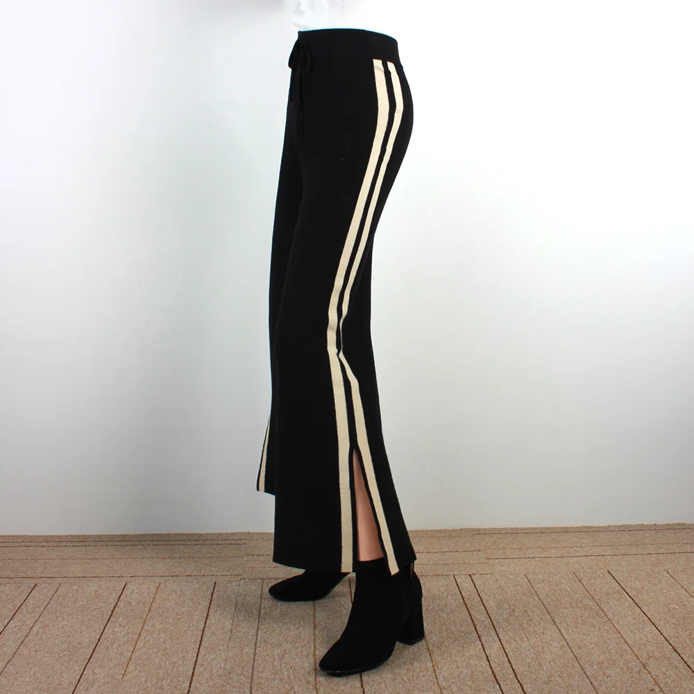 

Korean Stripe Black Knitted Pants High Waist Autumn 2019 Fashion Hot Sale Women Trousers Winter Casual Wide Legs Pants Female