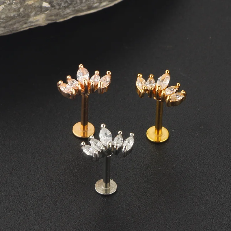 Crystal Flower Tragus Piercing Earring Flat 16G Cross