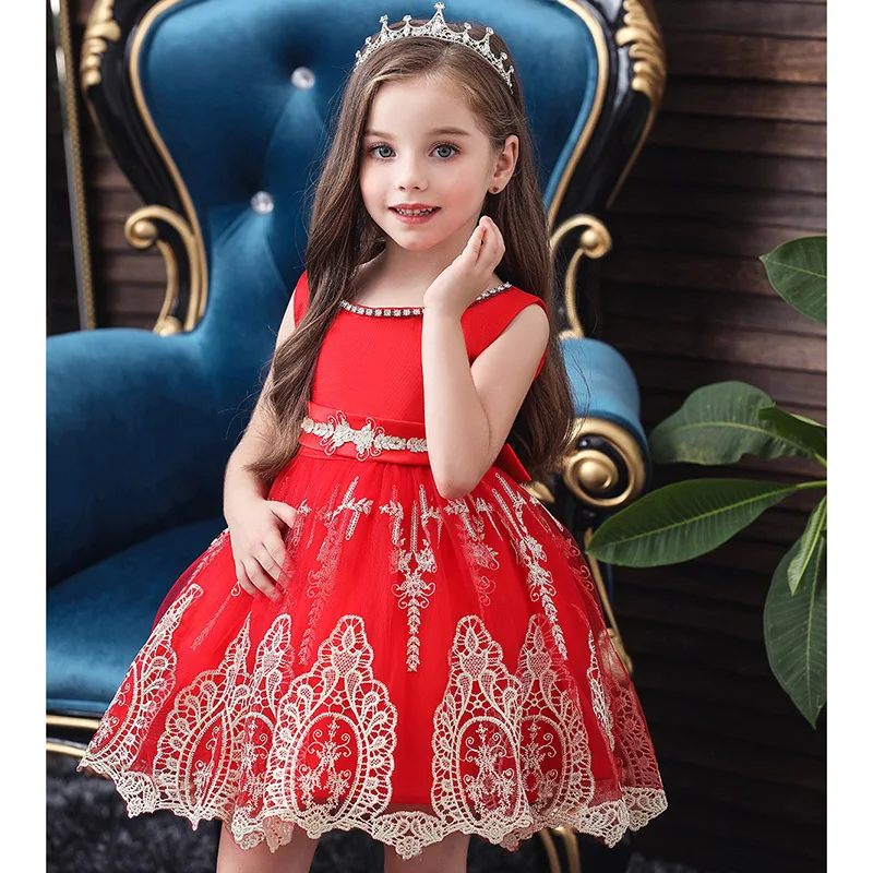 

High-quality Summer Lace Gold Thread Embroidery Formal Evening Wedding Gown Tutu Princess Dress Flower Girls Children Clothing