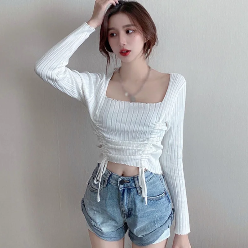 

Solid Color Long Sleeve T-shirt Women Casual Knitted Tops Korean Fashion Drawstring Square Collar T-shirts