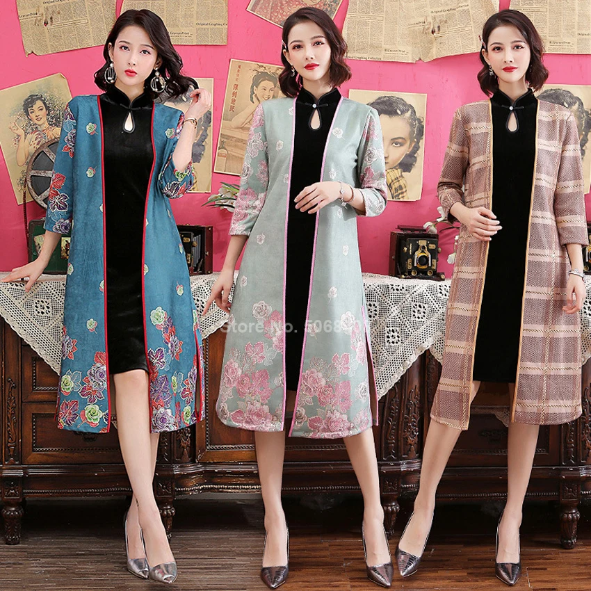 Традиционная китайская одежда Cheongsam Qipao для женщин и девочек, азиатская уличная одежда, замшевое пальто Ao Dai Morden, Ретро платье, комплект из двух предметов