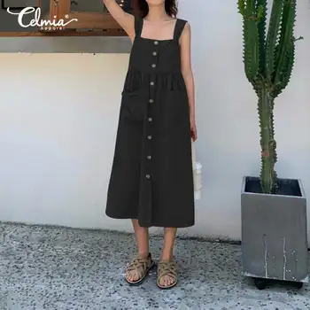 

2020 Celmia Vintage Women Summer Dress Sexy Straps Long Shirt Sundress Buttons Casual Loose Vestidos Pockets Midi Robe Femme 5XL