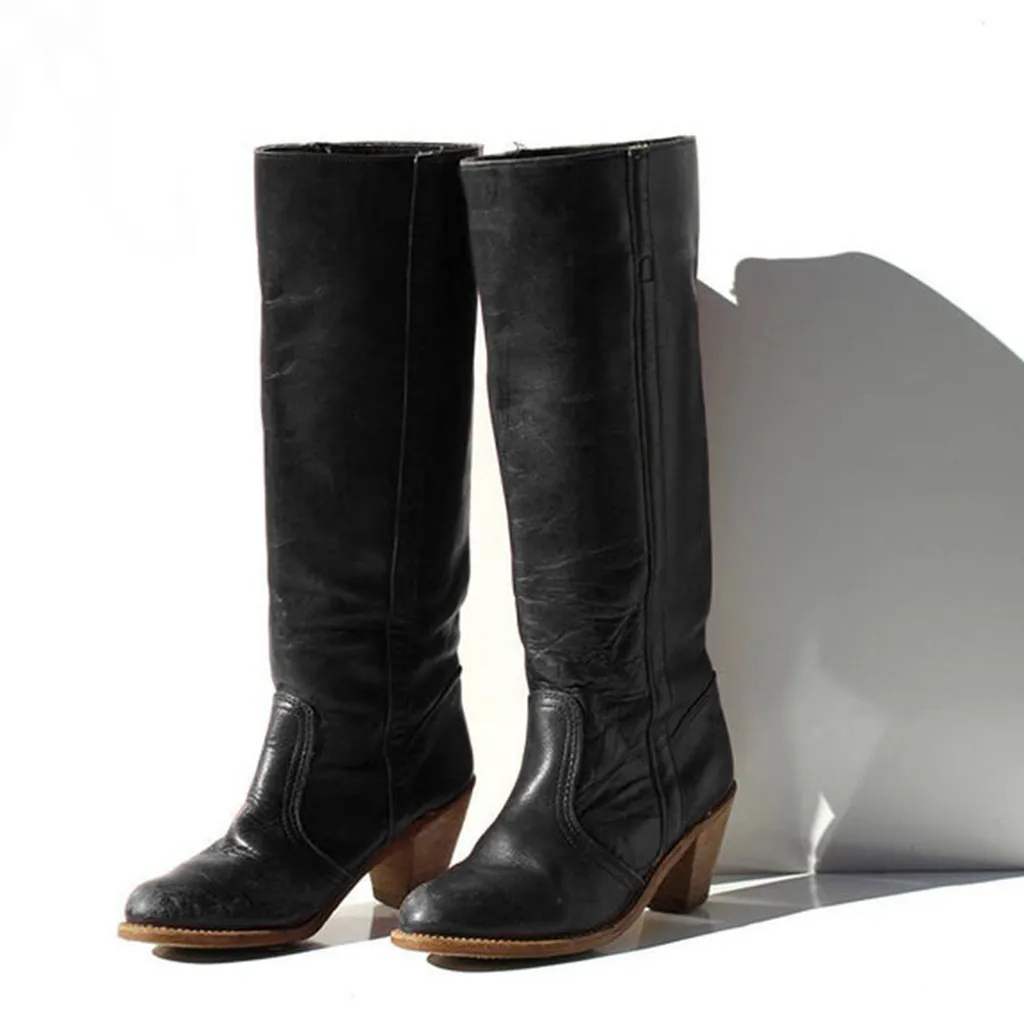 

Women Fashion Cowboy Riding Knee-High Long Boots Retro Casual Square Root Heels Large Size Knee Tube Boots Elegant WoMen Shoes