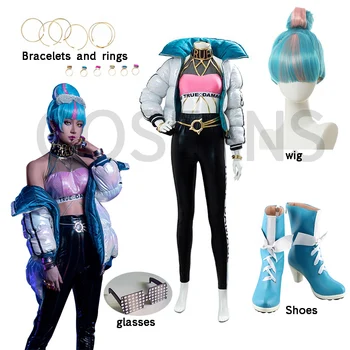 

LOL Akali TRUE DAMAGE Qiyana Cosplay Costume Full Uniform Adult female Women Halloween Carnival Outfit Wigs and shoes glasses
