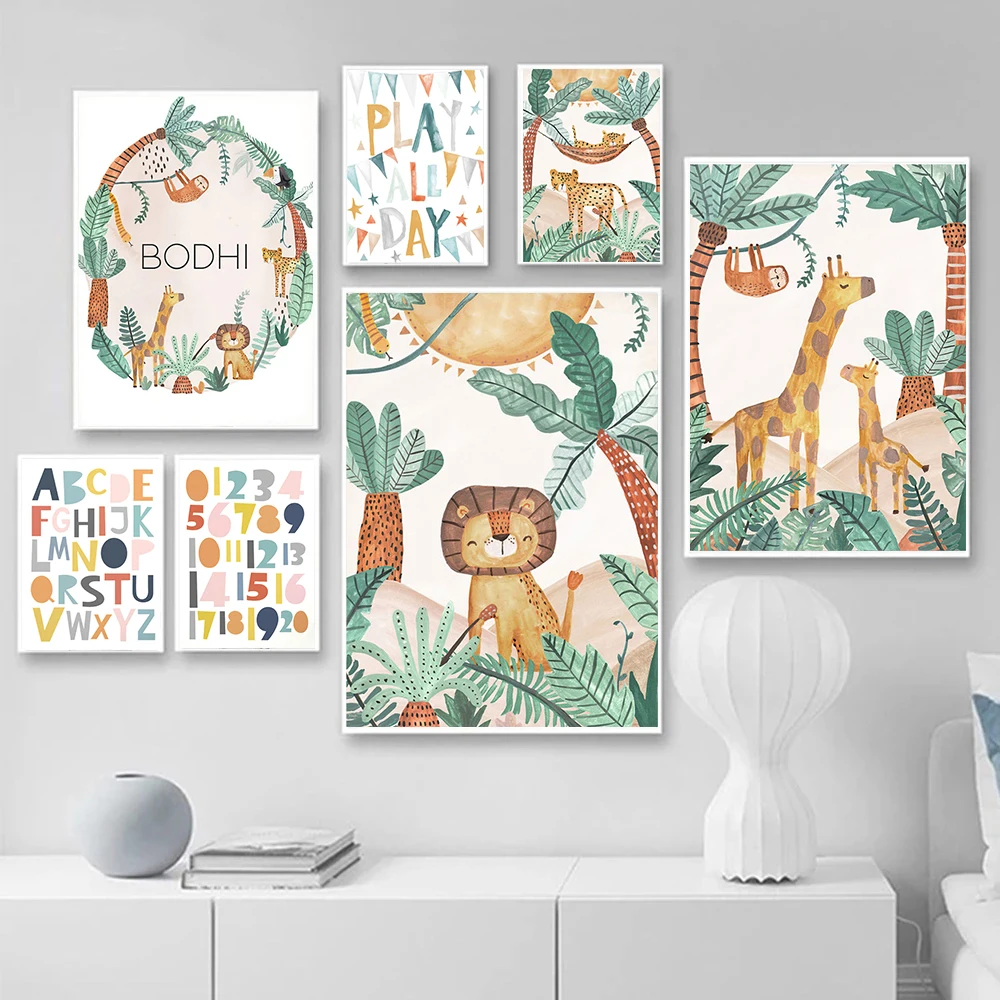 

Green Leaves Animals Poster Jungle Lion Giraffe Nursery Kid Room Wall Art number alphabet Canvas Painting Bedroom Nordic Picture