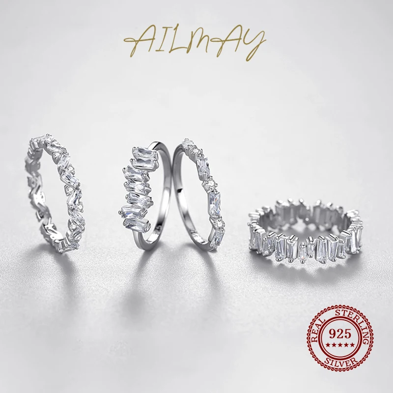 Silver Rings Ailmay Classic Luxury Full Cubic Zirconia Ring 925 Sterling Silver CZ Finger Rings for Women Girls Party Accessories Jewelry
