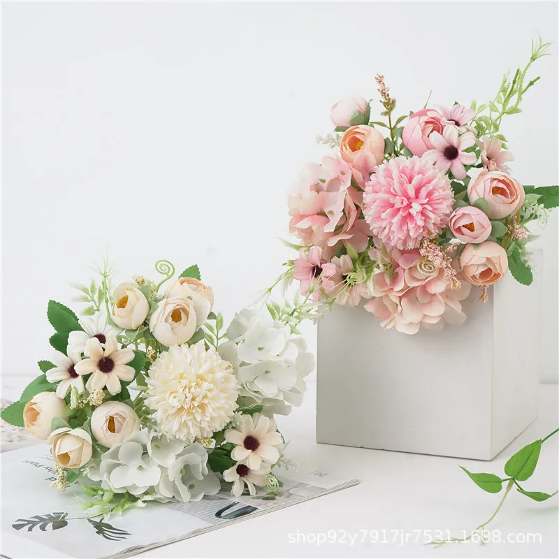 European Fake Rose Peony Flower Small bouquets Home Decor,Artificial Wedding Flowers Hydrangea Pompom Light Color Faux Flowers