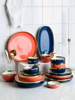 

New Element Dinner Plates Set Gold Edge Ceramic Plate Bowl Dishes and Plates Sets Porcelain Tableware Round Dinner Set