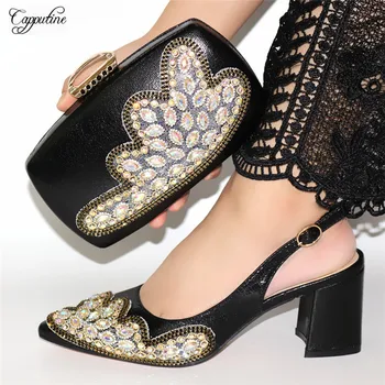 

Fashion black spring/autumn pointed toe shoes and purse handbag set with crystal stones CR175, heel height 7.5cm