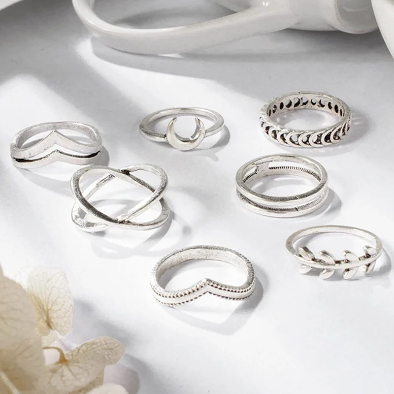 2020 New Arrivals 7pcs/Set Moon Cross Simple Ring Retro Leaf Rings Set For Women Lady