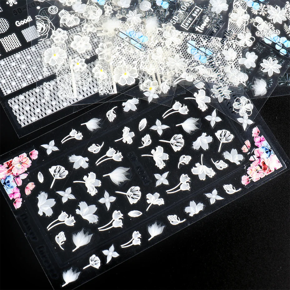 1PCS 5D Nail Stickers Flowers Lace Gel Decals Acrylic Engraved Sliders Embossed Foils Manicure Nail Art Decorations