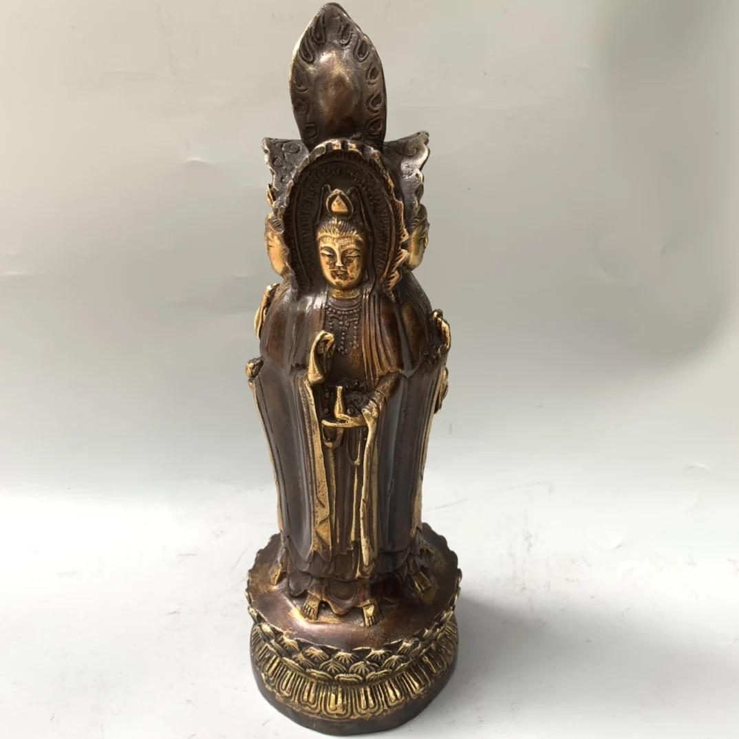 

10"Tibet Temple Collection Old Bronze Cinnabar Gilded All sides Guanyin Bodhisattva Standing Buddha Worship Hall Town house