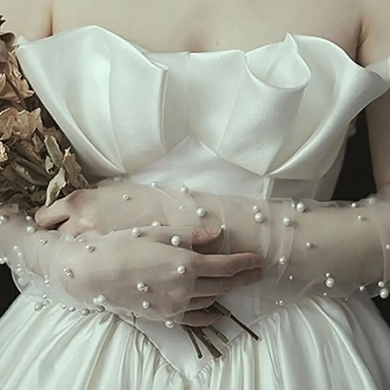 Простое свадебное платье перчатки невесты длинные перчатки фотографии реквизит тонкий срез сетка искусственный жемчуг варежки E15E