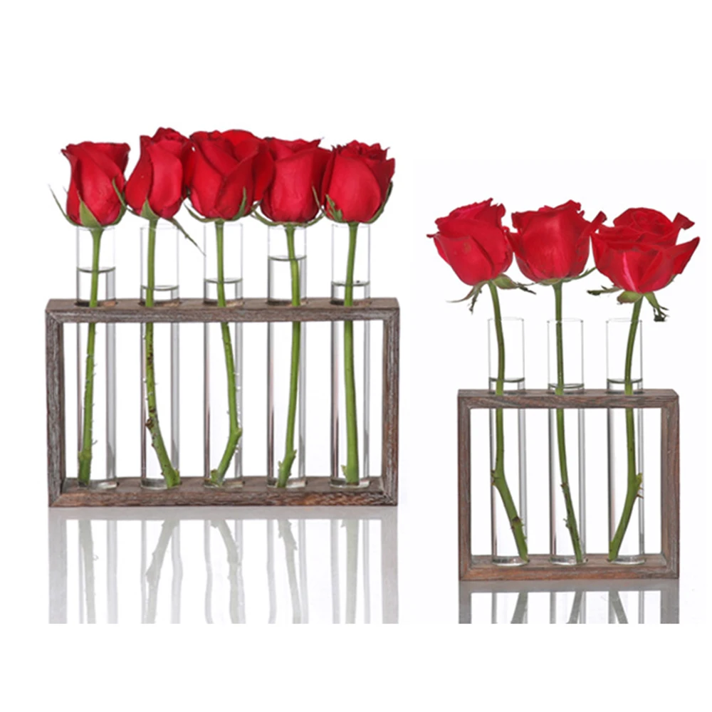 Water Planting Glass Test Tube Vase Flower Pots Plant Hydroponic Bonsai Pot with Wooden Tray Home Office Tabletop Decor | Дом и сад