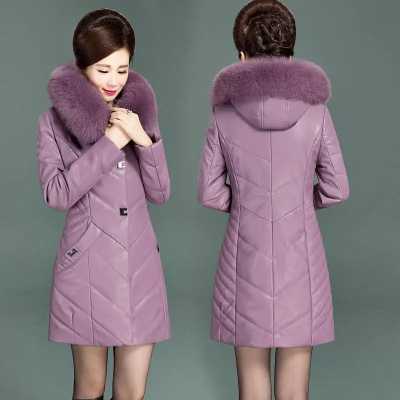 Autumn and winter women long leather jacket coat large fur collar hooded Outwear new middle-aged Female slim down jacket - Цвет: 3