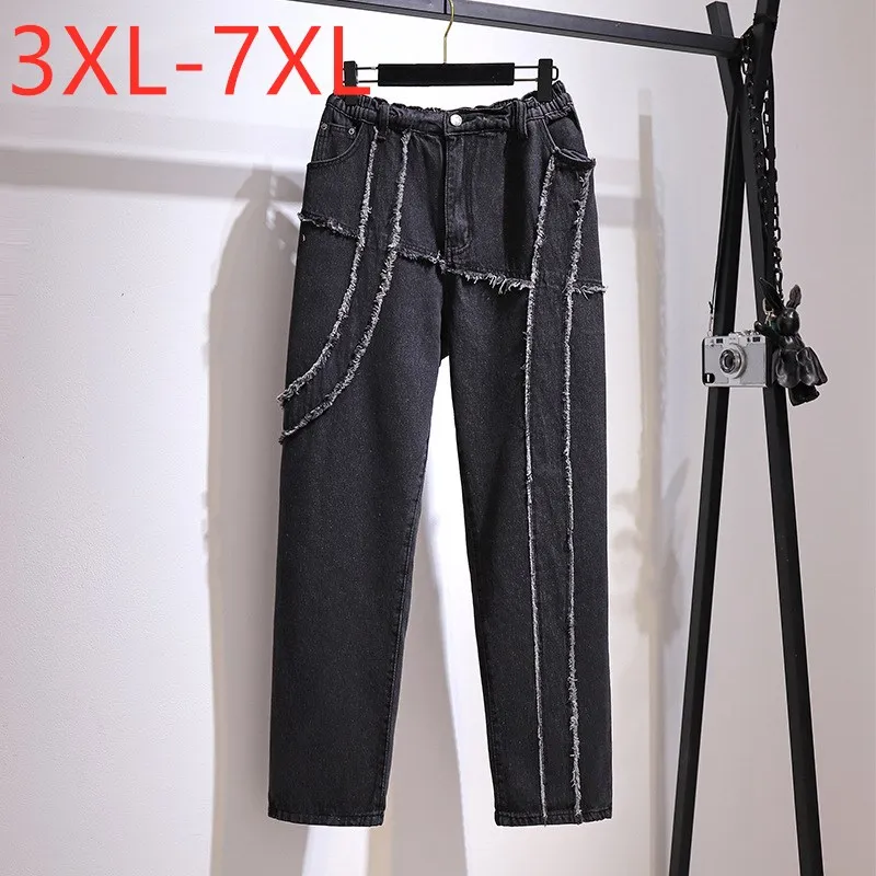 new-ladies-spring-autumn-plus-size-women-clothing-long-jeans-large-loose-straight-cotton-pocket-gray-denim-pants-3xl-4xl-5xl-6xl