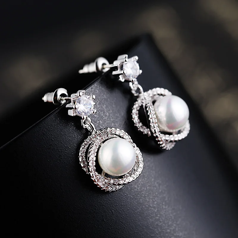 

USTAR AAA Cubic Zirconia Pearl Earring For Women Lady Gold Silver Geometric Dangle Earring Wedding Party Jewelry Brincos