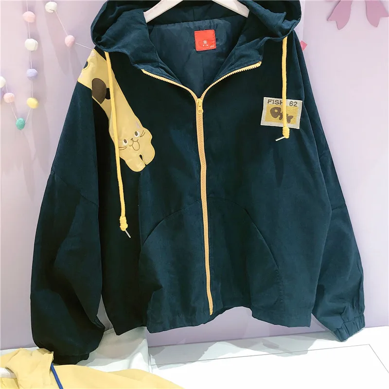 Маленькие свежие Harajuku Mori милые девочки кошка вышивка Свободная куртка на молнии Мягкая сестра студентов Японские Женские пальто с капюшоном осень
