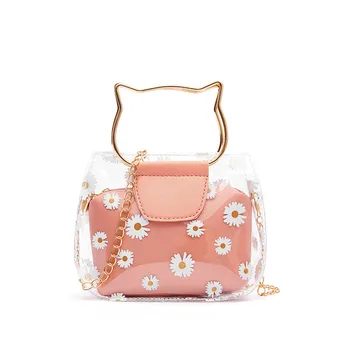 

Transparent combination bag for girls 2020 new fashion cute woman PVC cat type shoulder bag crossbody bag printed jelly handbag