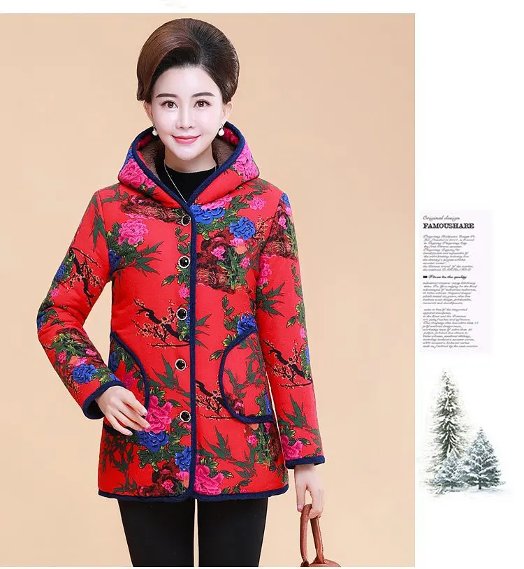 Winter Hot Selling Middle-aged Women Dress Brushed And Thick Cotton Coat Middle-aged WOMEN'S Apparels Warm Hooded plus Velvet Co