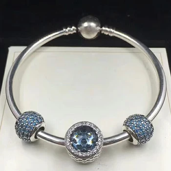 

NEW 100% 925 Sterling Silver 791051NCB Blue Pave Ball Charm791725NMB MIDNIGHT BLUE RADIANT HEARTS CHARM Bracelet Set