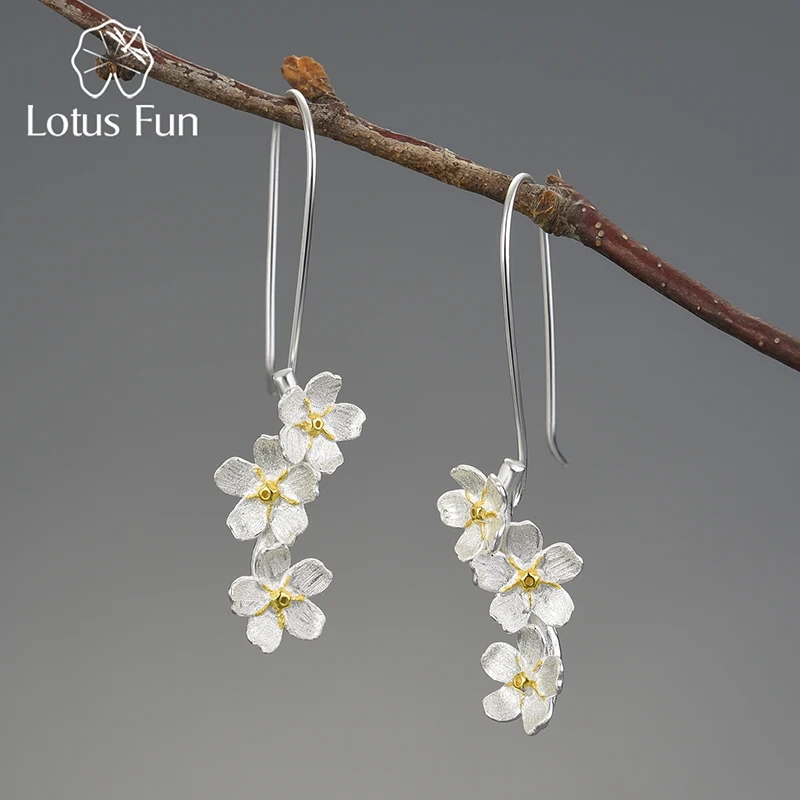 Lotus Fun Wedding Fresh Elegant Forget-me-not Flower Long Dangle Earrings For Women 925 Sterling Silver Original Fine Jewelry