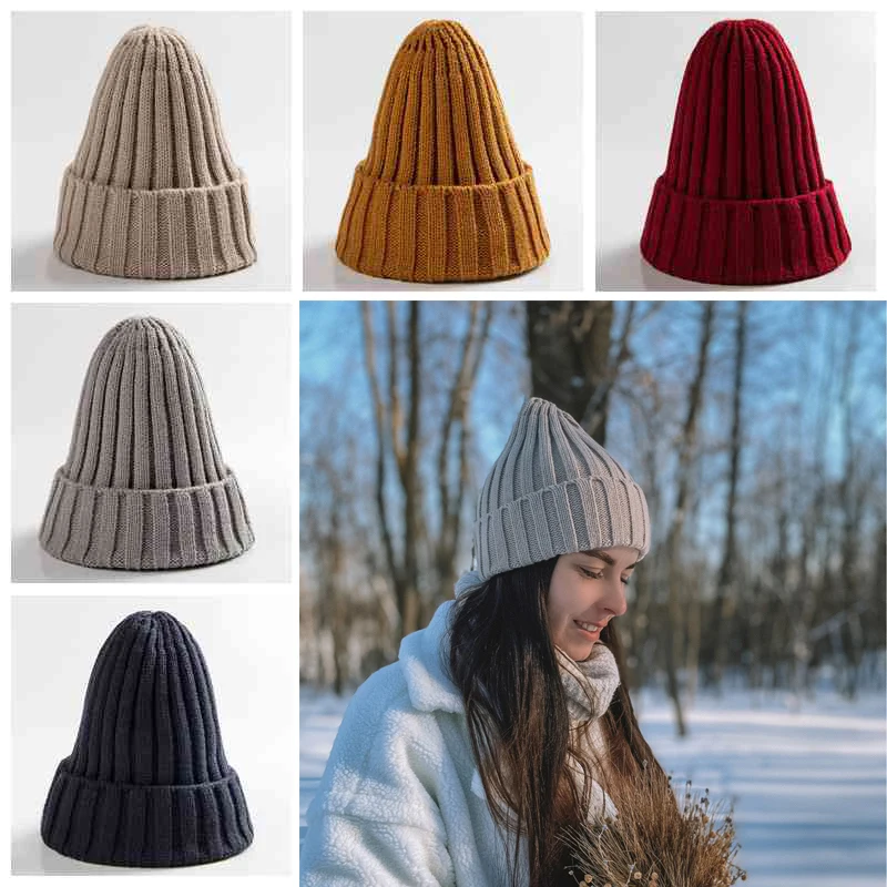 Warm Knitted Beanies Solid Color Retro Knitting Winter Autumn Women Hat Bonnet Ladies Girls Hats Winter Beanie Cap fleece lined beanie