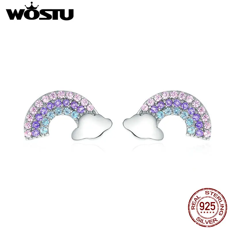 WOSTU, 925 пробы, серебро, переливчатая Радуга любви, серьги-гвоздики, цветные, циркон, маленькие серьги для женщин, хорошее ювелирное изделие CQE578