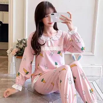 

2020 New Products Spring Sweet Cute Women's Pullover Crew Neck Thin Long Sleeve Pajamas Suit Tracksuit Send Headscarf