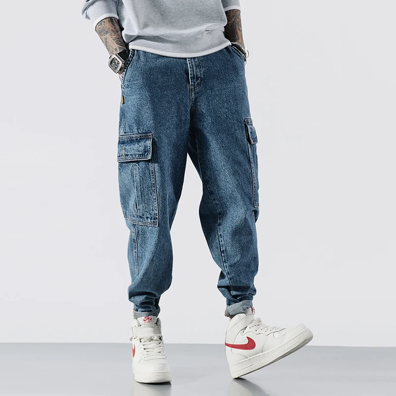Модные мужские джинсы в японском стиле высокого качества, свободные брюки карго с большим карманом, штаны-шаровары, уличная одежда, хип-хоп зауженные джинсы для мужчин