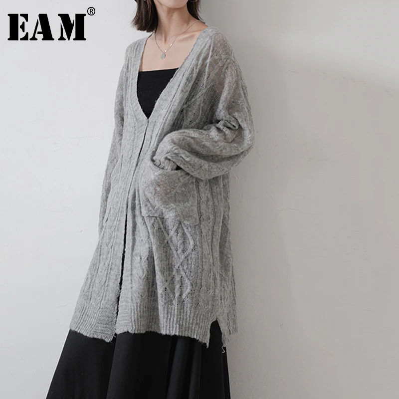 

[EAM] Pocket Big Size Oversize Knitting Open Stitch Loose Fit V-Neck Long Sleeve Women New Fashion Tide Autumn Winter 2019 1A725