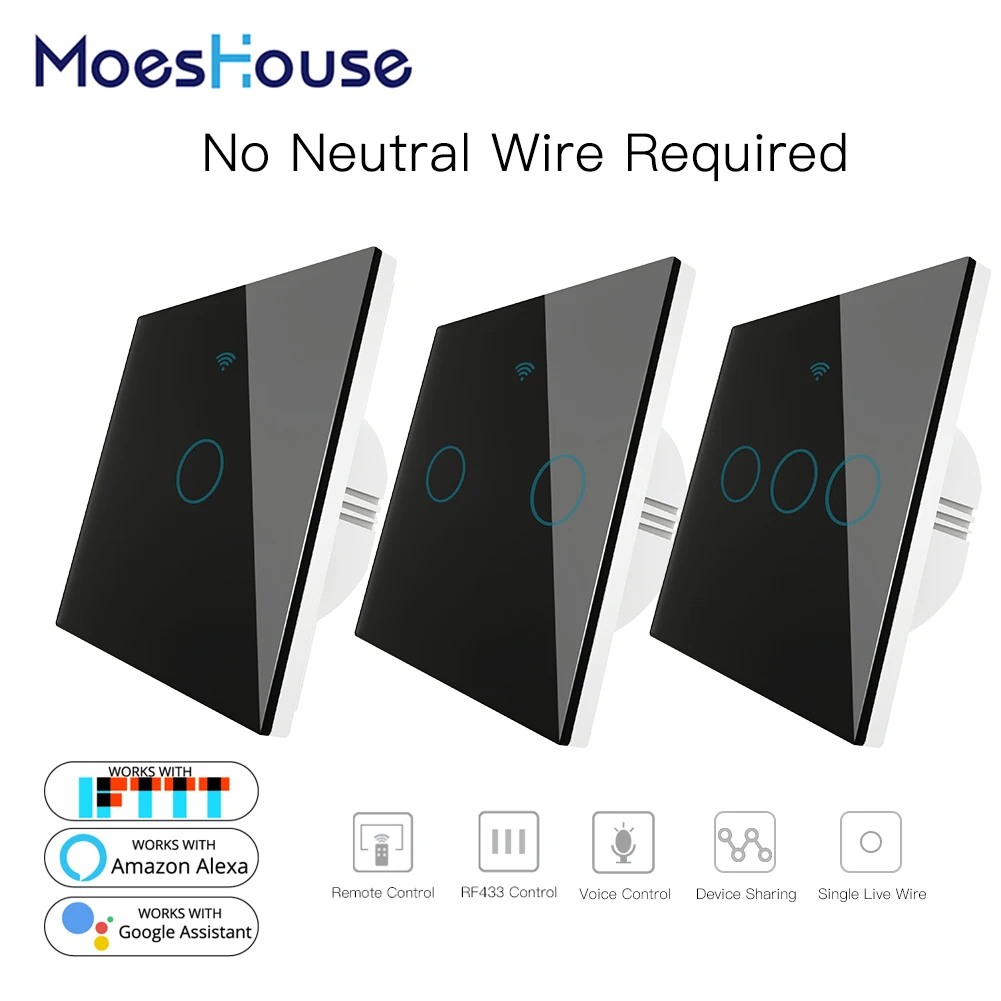  WiFi Smart Wall Switch No Neutral Wire Needed Wireless Smart Life Tuya Remote Control Single Fire W - 4000155389090