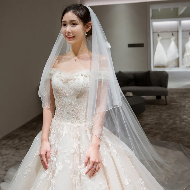 

Simple Word Shoulder Tail Custom 2020 New Autumn Bride Wedding Slim Plus Size Rhinestone Dresses