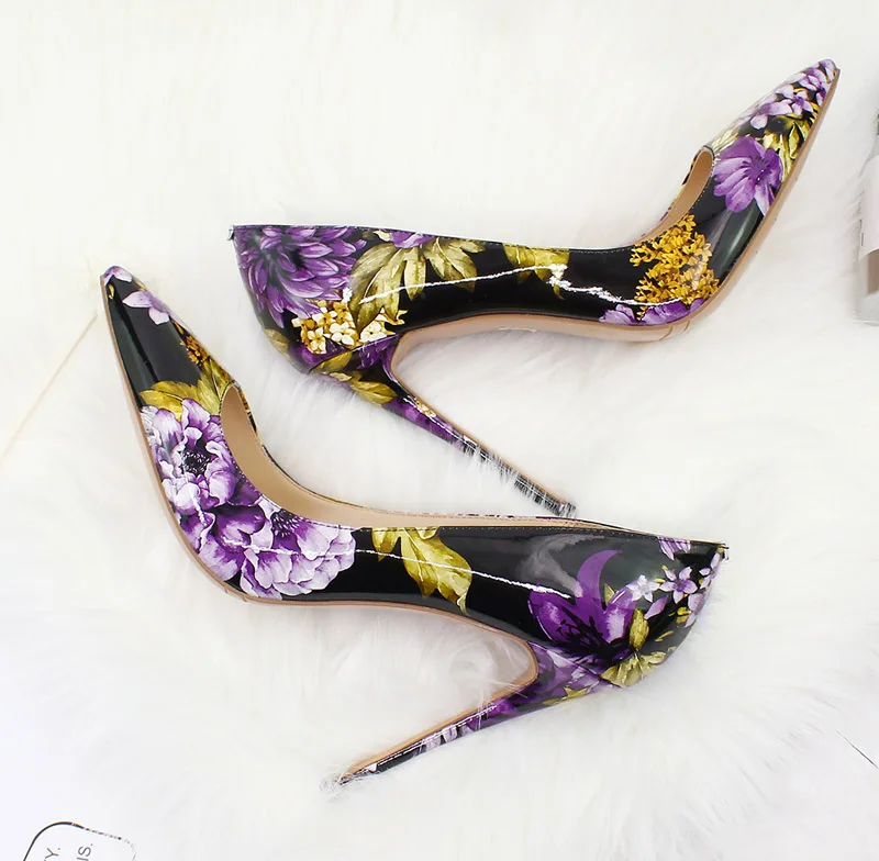 

Purple Flower Patent Leather High Heel Pumps Sexy Thin Heel Single Shoes Pointed Toe Banquet Dress Shoes Woman Floral Stiletto