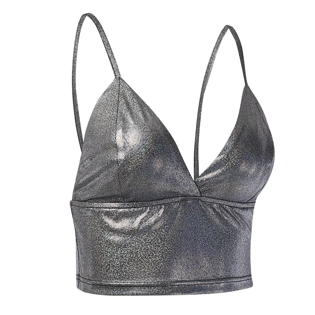 Сексуальные Женские однотонные блестящие майки на бретельках, короткий топ, летний топ без рукавов, женский топ с v-образным вырезом, пляжные женские спортивные майки