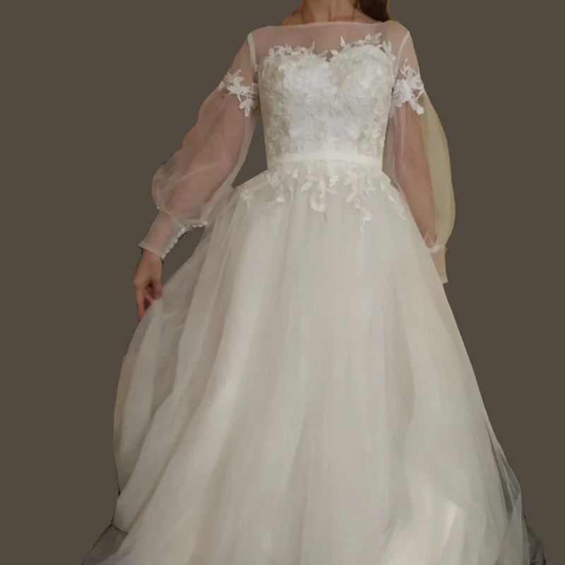 Винтажные Свадебные платья с глубоким декольте, пышные рукава, мягкий тюль, свадебное платье с аппликацией, без рукавов, длина до пола, открытая спина