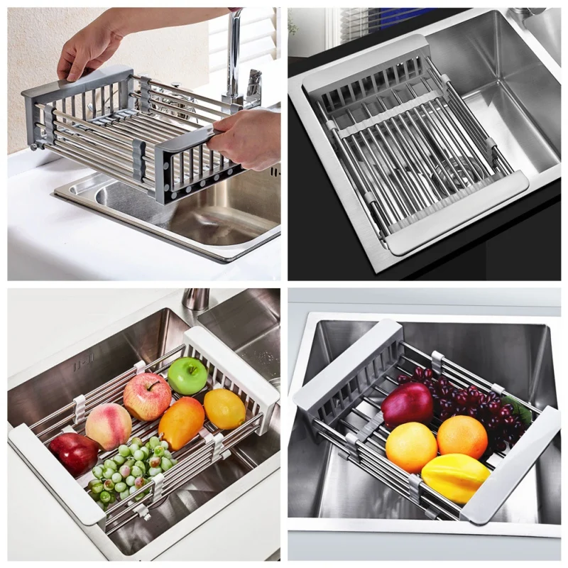 Adjustable Stainless Steel Drain Basket In Sink Drain Pan Vegetable And Fruit Drying Rack Kitchen Sink Organizer