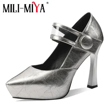 

MILI-MIYA New Fashion Women Pointed Toe Gold Silver High Platform Chunky Heel Pumps Button Ankle Strap High Heels Dress Shoes