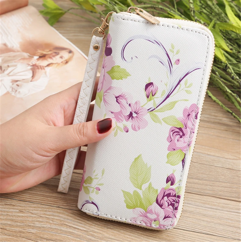 Women's Rose Print Wallet Fashion Wild Double Zipper Clutch Bag Multi-card Wallet Purse - Цвет: Синий
