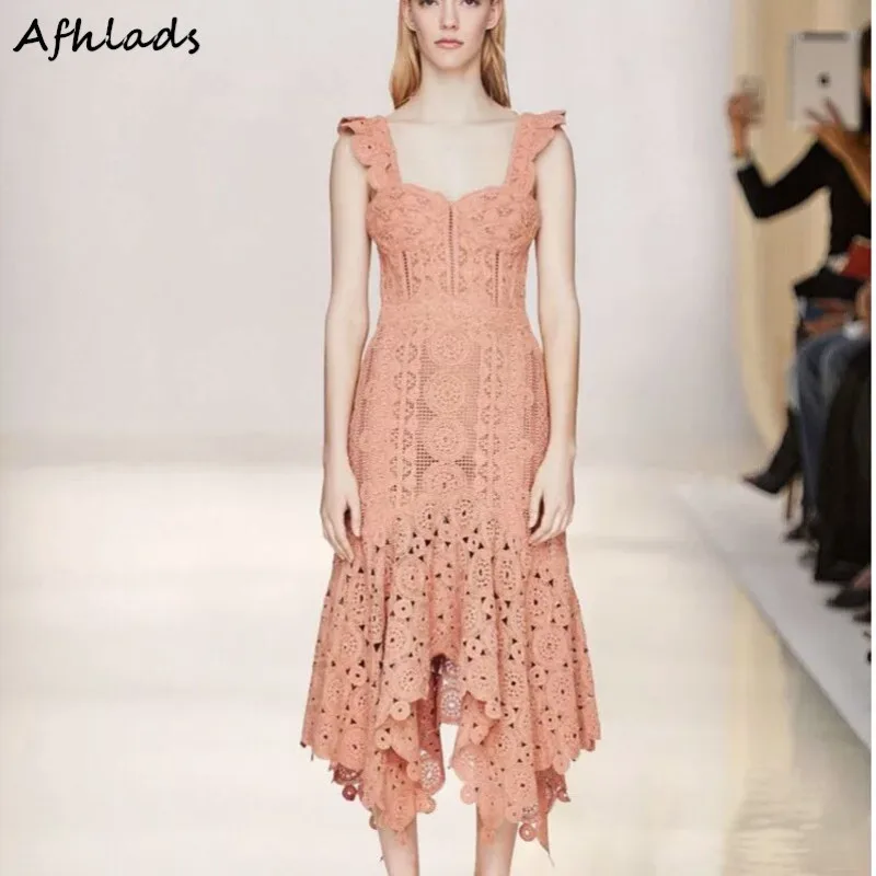 

Vacation Bodycon Slim Dress Arymetrical Lace Spaghetti Straps Holiday Ladies HIgh Waist Hollow Out Knee-Length Vestidos dress