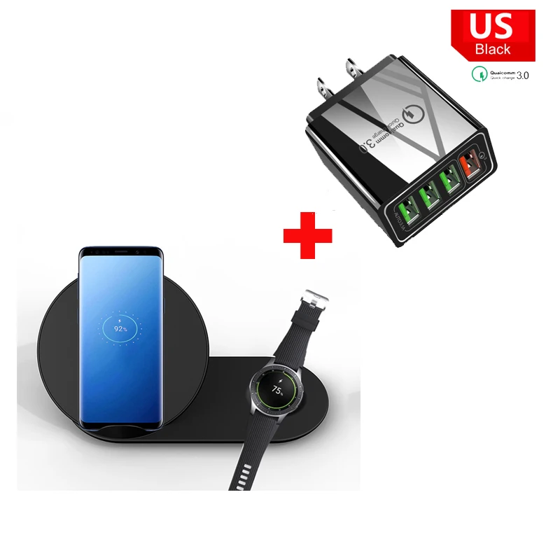2 в 1 Беспроводное зарядное устройство для samsung Watch Быстрая Зарядка Qi Беспроводное зарядное устройство Держатель для Iphone Xs Max XR для samsung gear S2 S3 - Цвет: Black with US plug