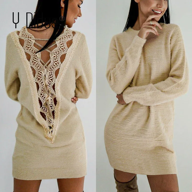 Women Winter Pullover Dresses 2020 Sexy Hollow out White Dress Long Sleeve Loose Soft Sweater Knit Dress femme robe vestidos