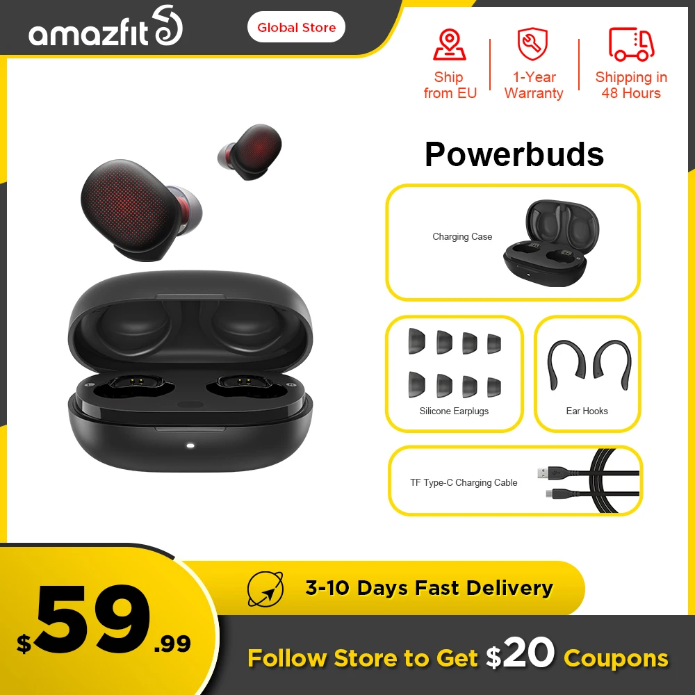 Беспроводные наушники-вкладыши Amazfit PowerBuds TWS наушники IP55 с монитором сердечного