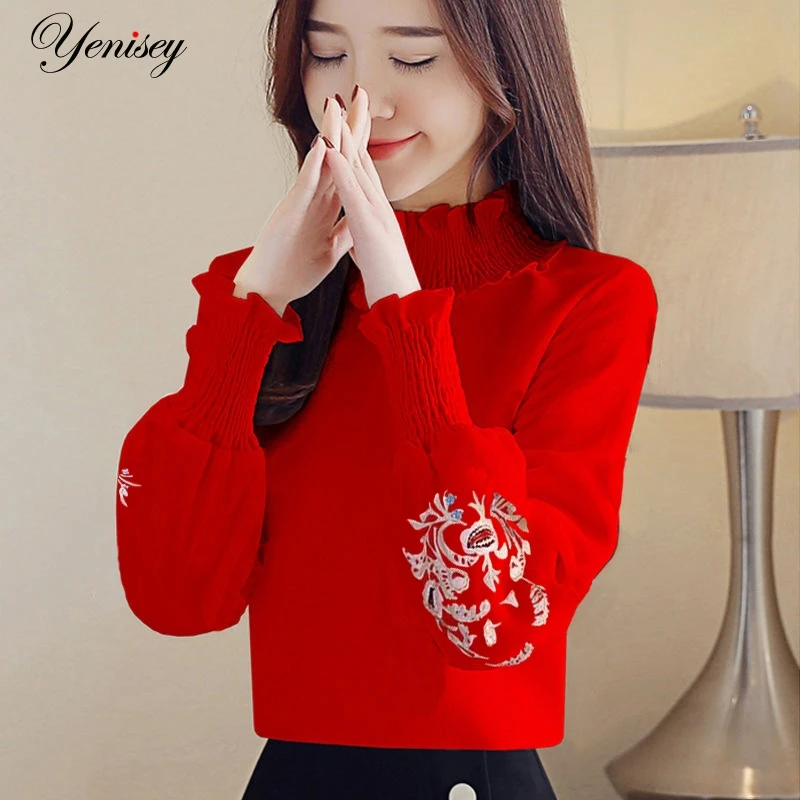 Embroidered shirt spring 2019 new female wild high collar loose long-sleeved T-shirt UT119 |