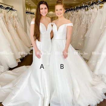 

Off The Shoulder White Wedding Dress 2020 Beaded V-neck Lace Up Back Bridal Dress Satin And Tulle Custom Made Vestidos De Novia