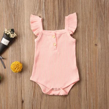 

Emmababy Newborn Baby Girl Clothes Summer Solid Color Fly Sleeve Knitted Cotton Button Romper Jumpsuit One-Piece Outfit Sunsuit